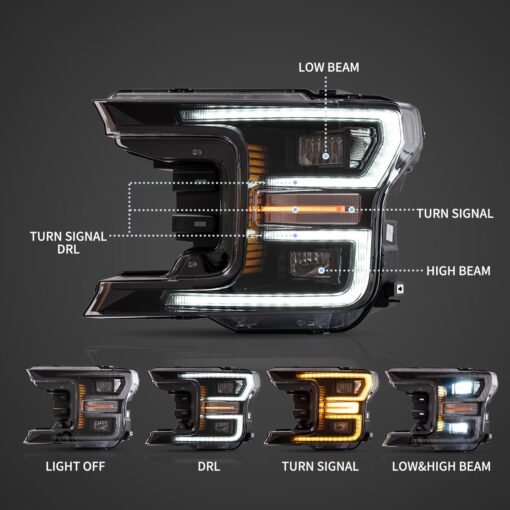 18-20 Ford F150 13th Gen LED Dual Beam Projector HeadLights With Start Up Animation Black - Image 3