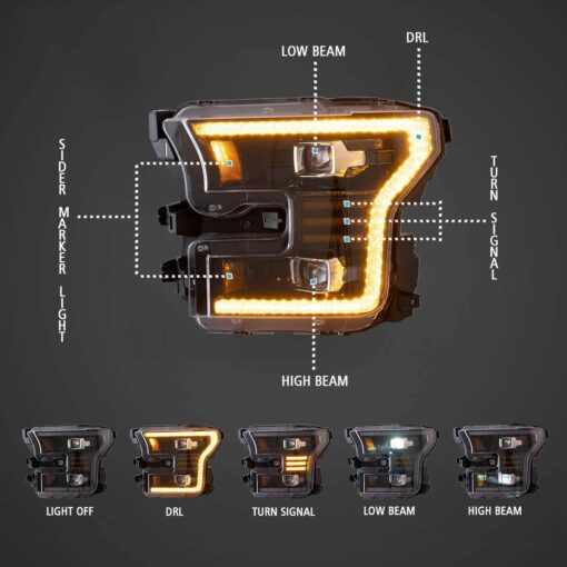 15-17 Ford F150 13th Gen LED Dual Beam Projector HeadLights Black - Image 5