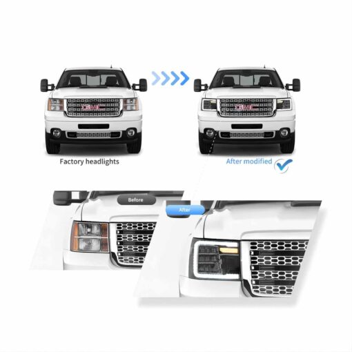 07-13 GMC Sierra 2th Gen (GMT902) Vland LED Reflection Bowl HeadLights Chrome - Image 5