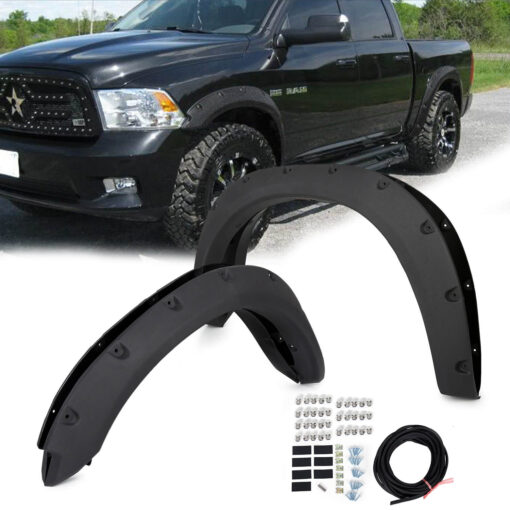 Black Fender Flares Cover Wheel Cover Protector Compatible with 2009-2018 Ram 1500 Pocket Rivet Style Bolt On 4Pc - Image 2