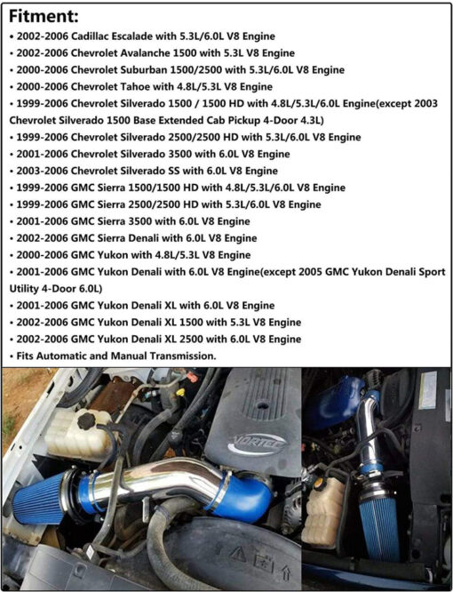 4″ Cold Air Intake Kit For 1999-2006 GMC Chevrolet 4.8L 5.3L 6.0L V8 Engine - Image 12